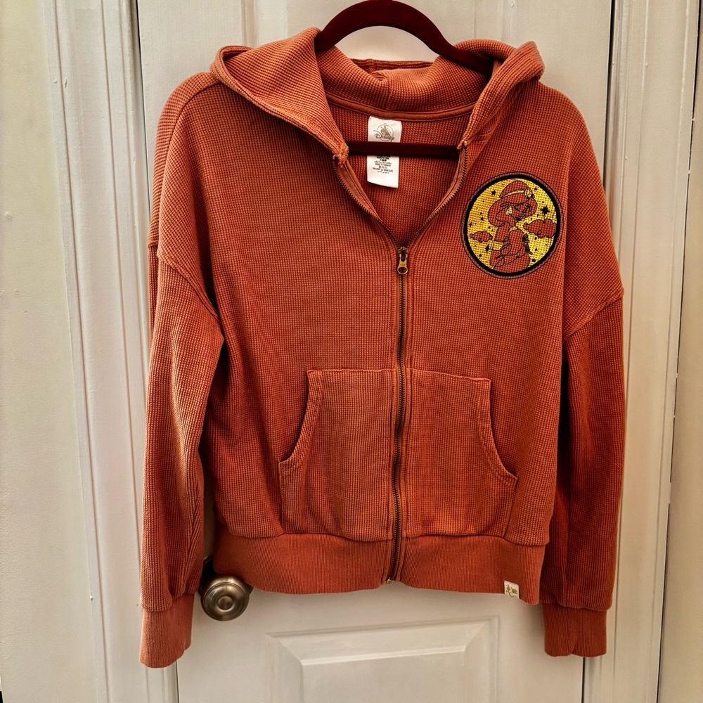 Disney Rare Coral Pink Zip-Up Hoodie Alladin Jasmine Print size L Waffle Fabric